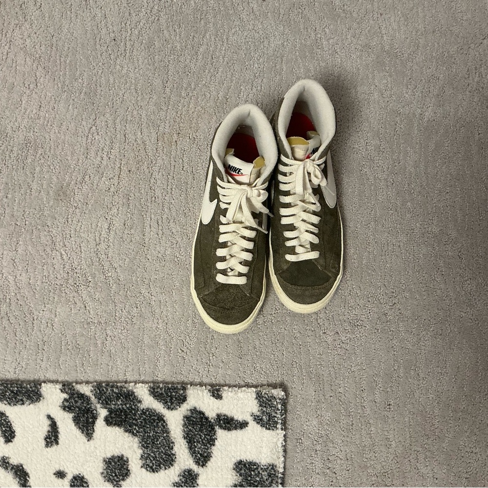 Nike Olive Green Suede High-Top Sneakers with White Swoosh and Cream Sole
